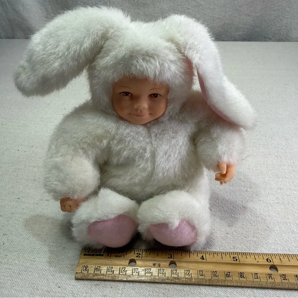 Vintage Anne Geddes Baby Bunnies White Bunny Plush Beanie Soft Toy Doll 1997